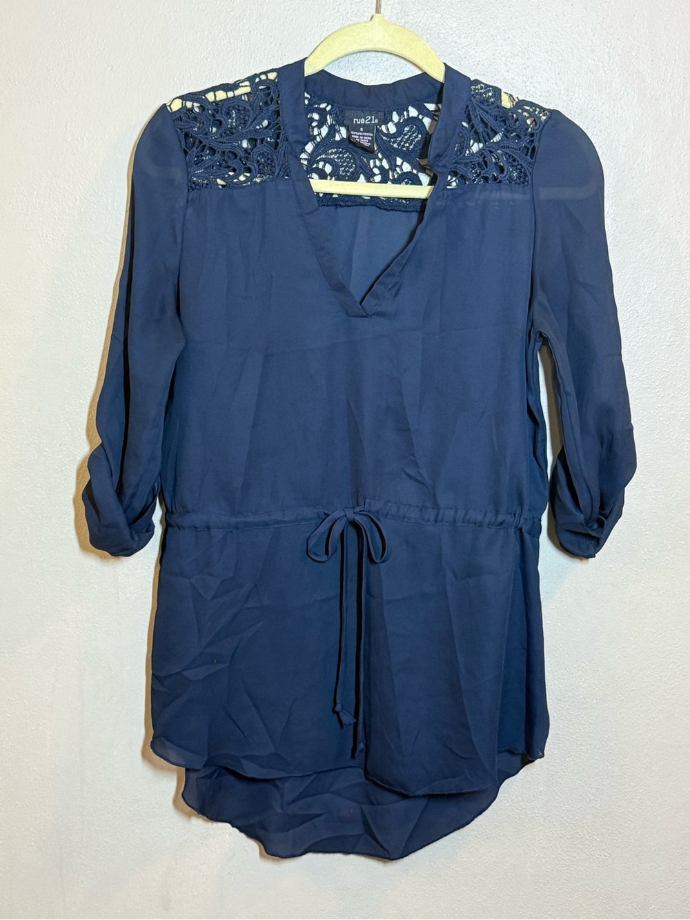 Rue21 Navy Crochet-Yoke V-Neck Drawstring Waist Tunic Sz Sm